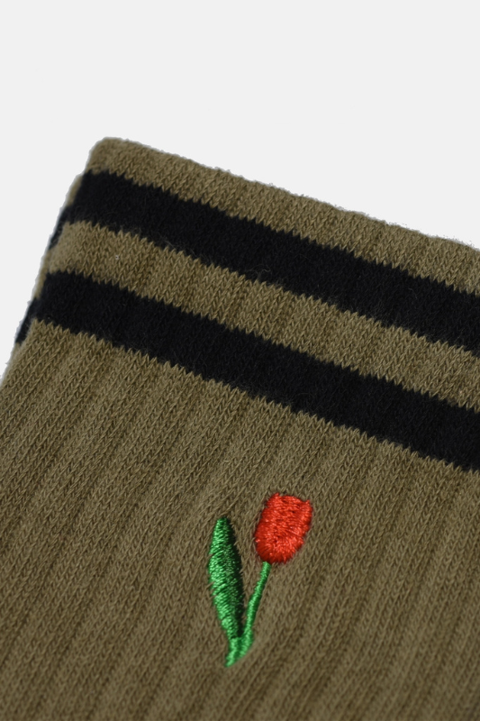 Tulip Embroidered Socks- Olive